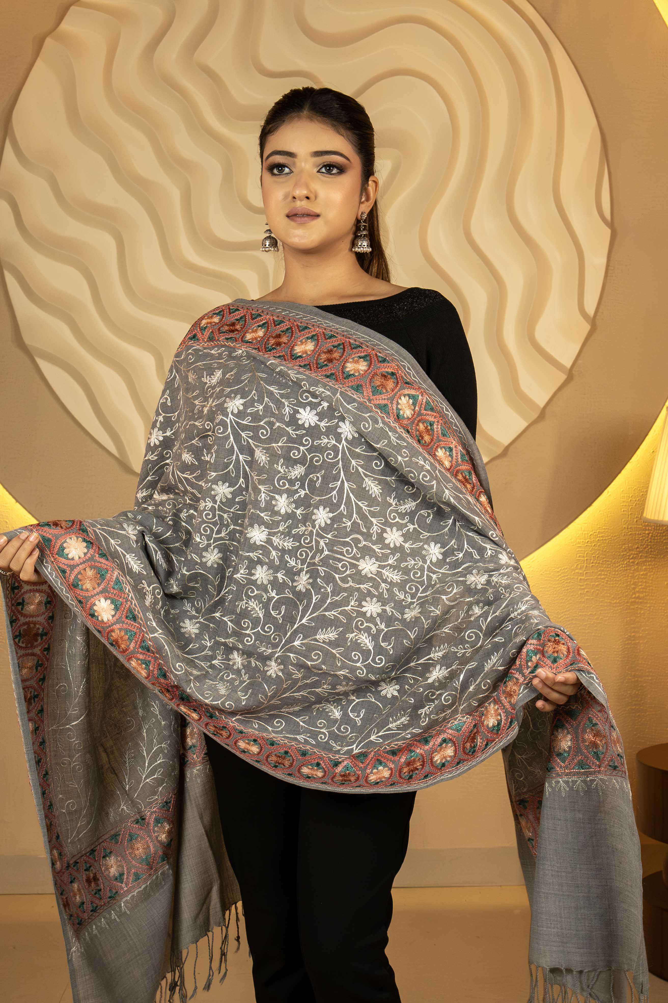 Aari Embroidered Light Grey Poly Wool Stole For Women